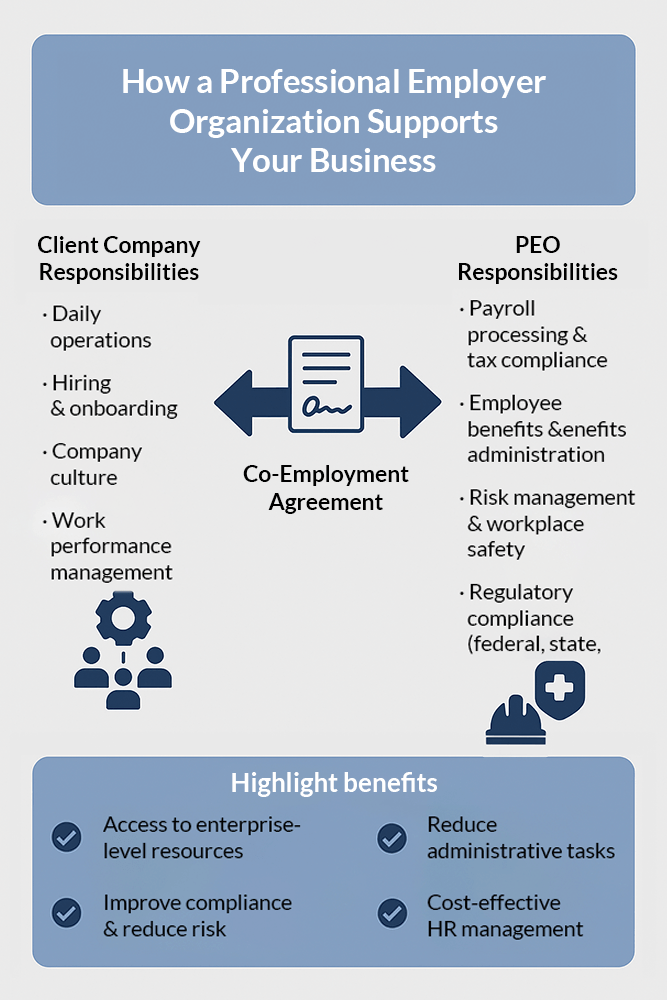 PEO roles, client roles, and benefits infographic