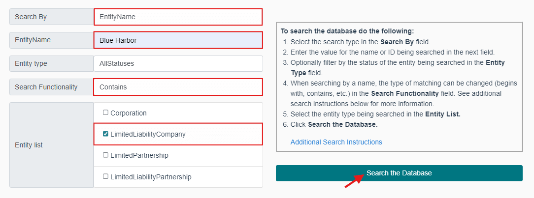 New York Business Search: How to Check an LLC, Corporation, or DOS ID 7 NY business search filled with “Blue Harbor” using Contains and LLC selected