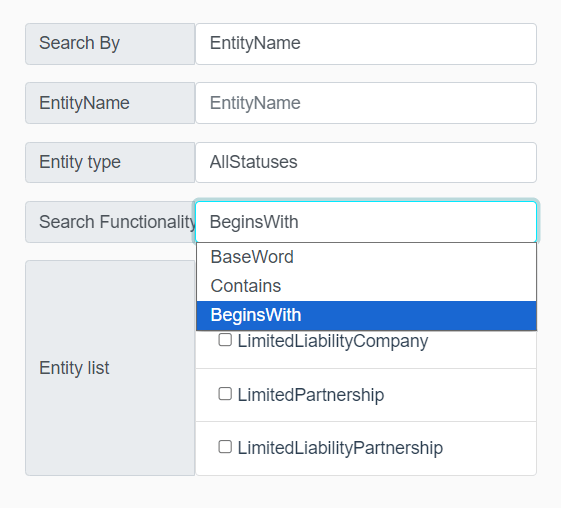 New York Business Search: How to Check an LLC, Corporation, or DOS ID 5 Search Functionality dropdown showing BeginsWith, BaseWord, and Contains