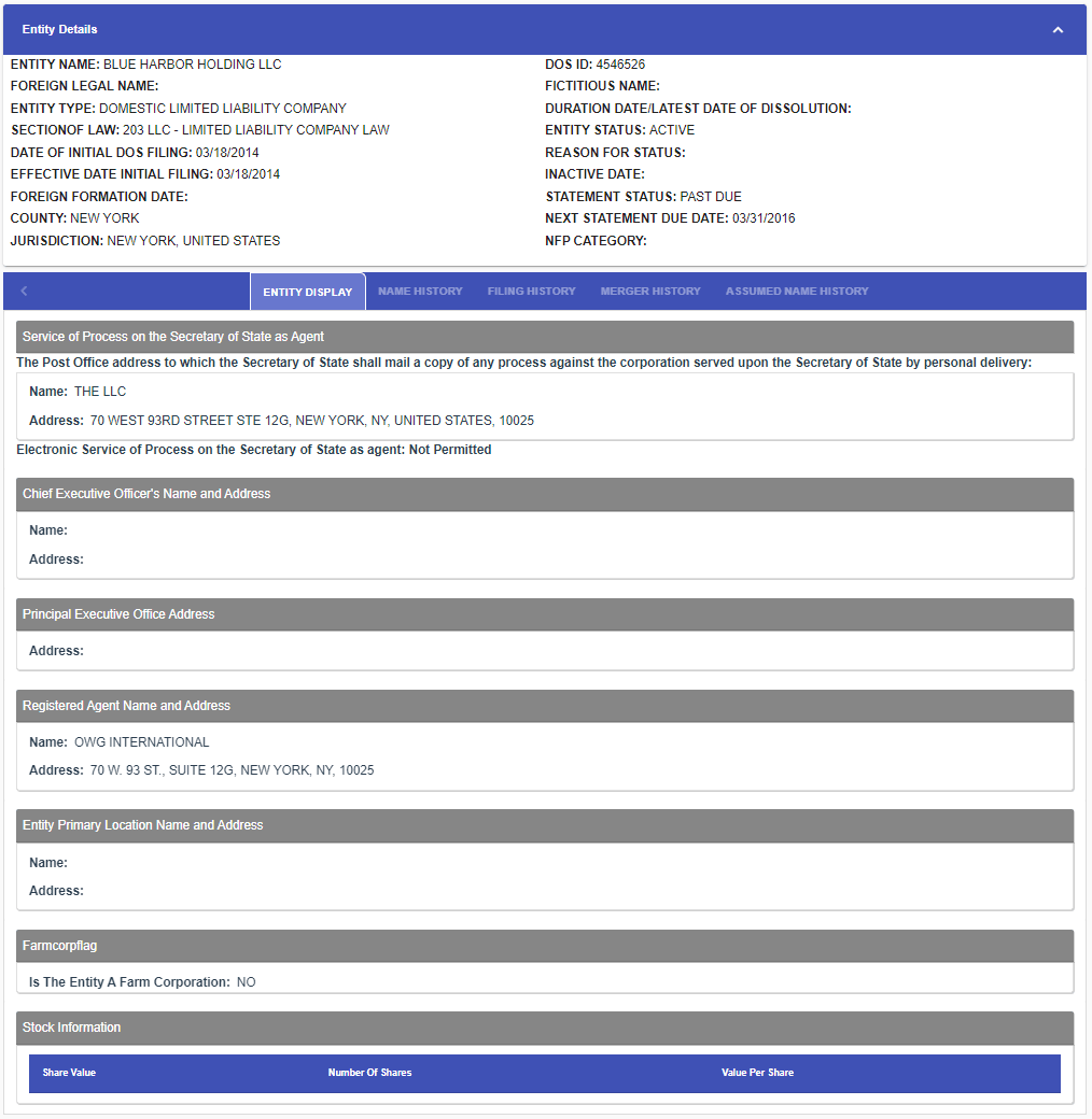 New York Business Search: How to Check an LLC, Corporation, or DOS ID 9 NY entity detail page showing DOS ID, entity status, and statement status