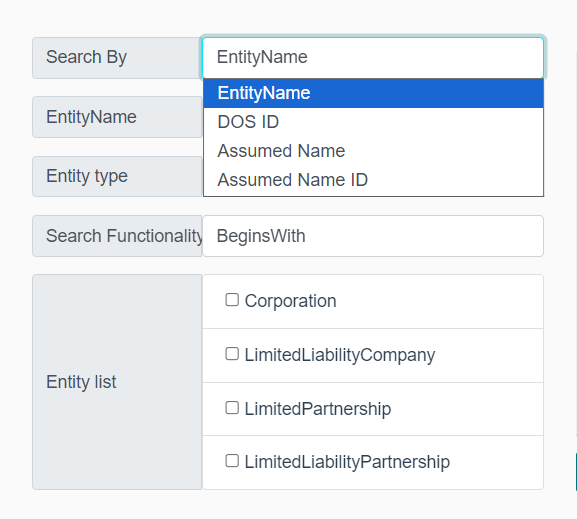 New York Business Search: How to Check an LLC, Corporation, or DOS ID 3 Search By dropdown showing EntityName, DOS ID, Assumed Name, and Assumed Name ID
