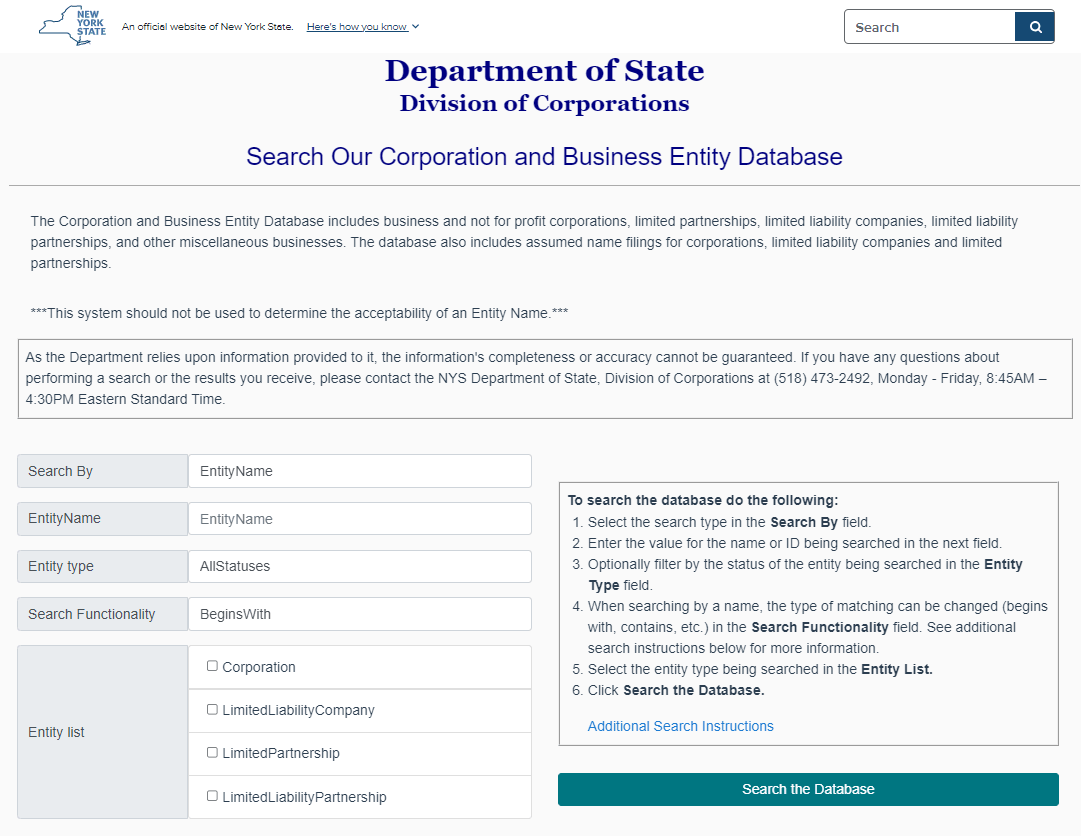 New York Business Search: How to Check an LLC, Corporation, or DOS ID 2 New York business entity database search form