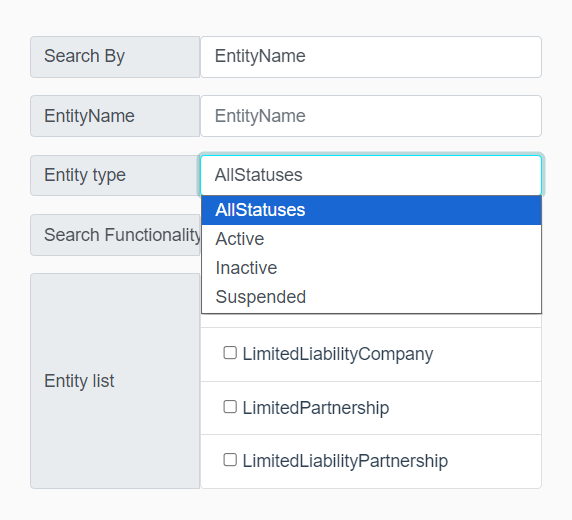 New York Business Search: How to Check an LLC, Corporation, or DOS ID 4 Entity type dropdown showing AllStatuses, Active, Inactive, and Suspended