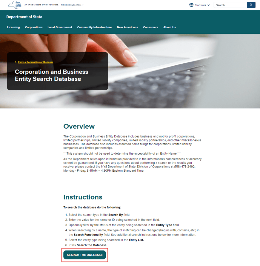 New York Business Search: How to Check an LLC, Corporation, or DOS ID 1 NY Corporation and Business Entity Database search portal