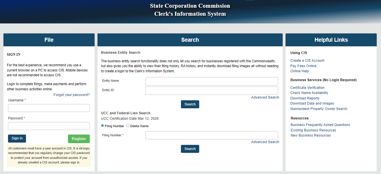 Virginia Business Search (VA SCC CIS): LLC & Corporation Lookup 1 Virginia SCC CIS business entity search page