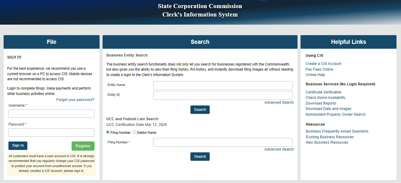 Virginia SCC Clerk's Information System home page with the Business Entity Search, UCC and Federal Lien Search and Helpful Links columns