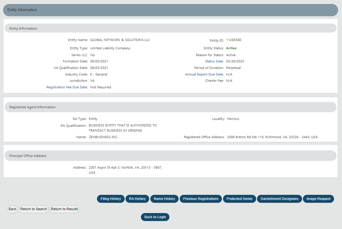 Virginia Business Search (VA SCC CIS): LLC & Corporation Lookup 5 Virginia SCC CIS entity details showing status and Entity ID
