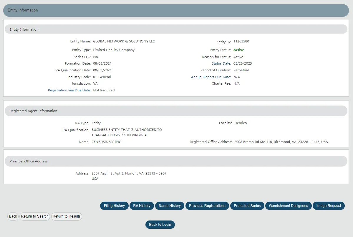 Virginia CIS Entity Information page for an LLC showing entity ID, status, reason for status, formation date, registered agent and principal office address