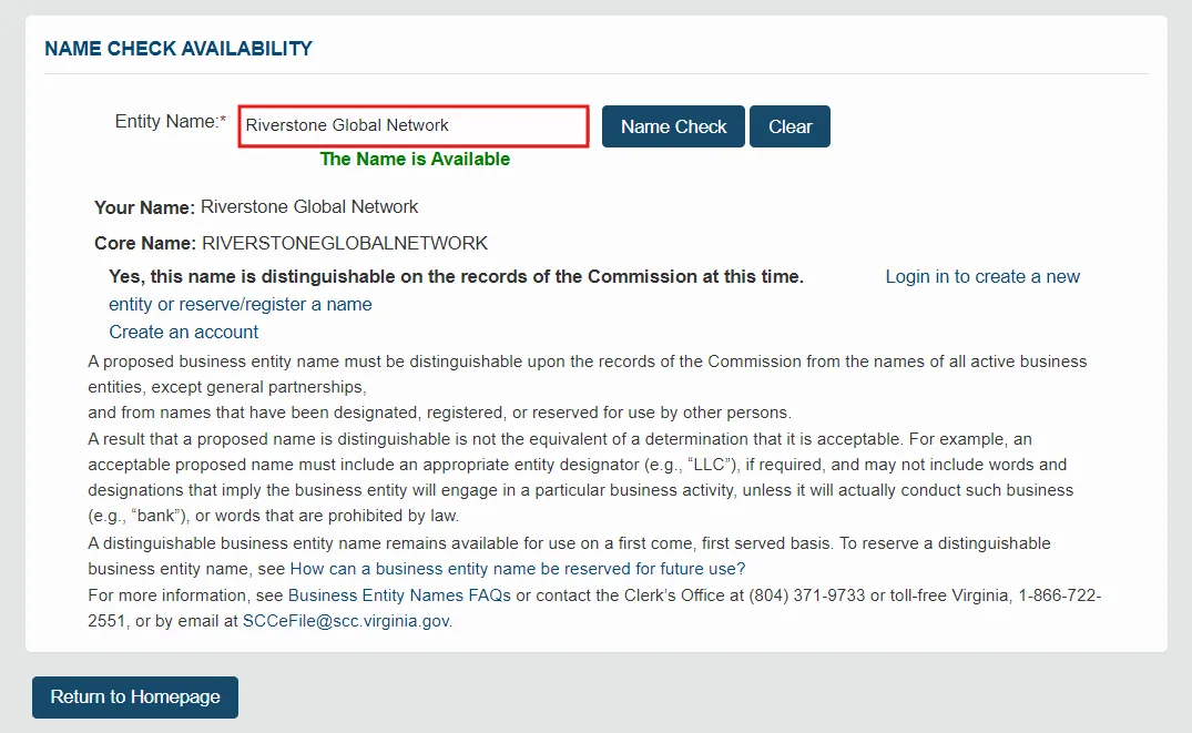 Virginia CIS Name Check Availability result showing The Name is Available, the entered name and its core name in capitals without spaces