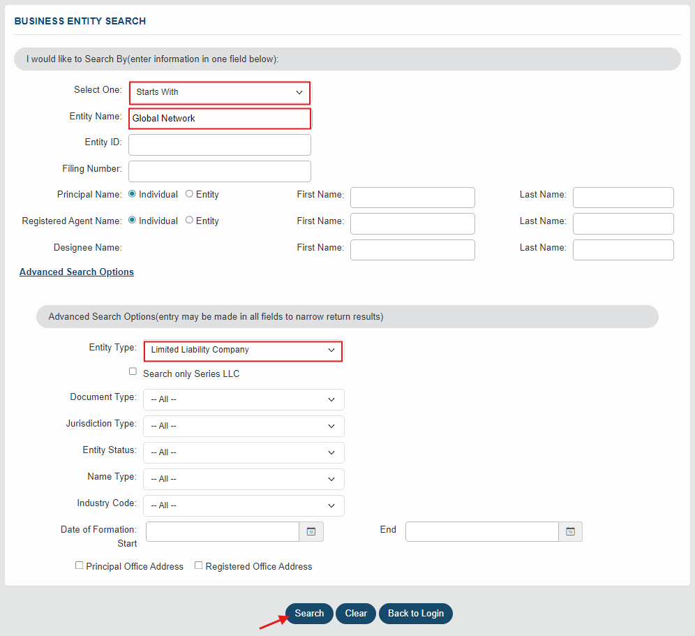 Virginia Business Search (VA SCC CIS): LLC & Corporation Lookup 3 Virginia SCC CIS search with match type and “Global Network” entered