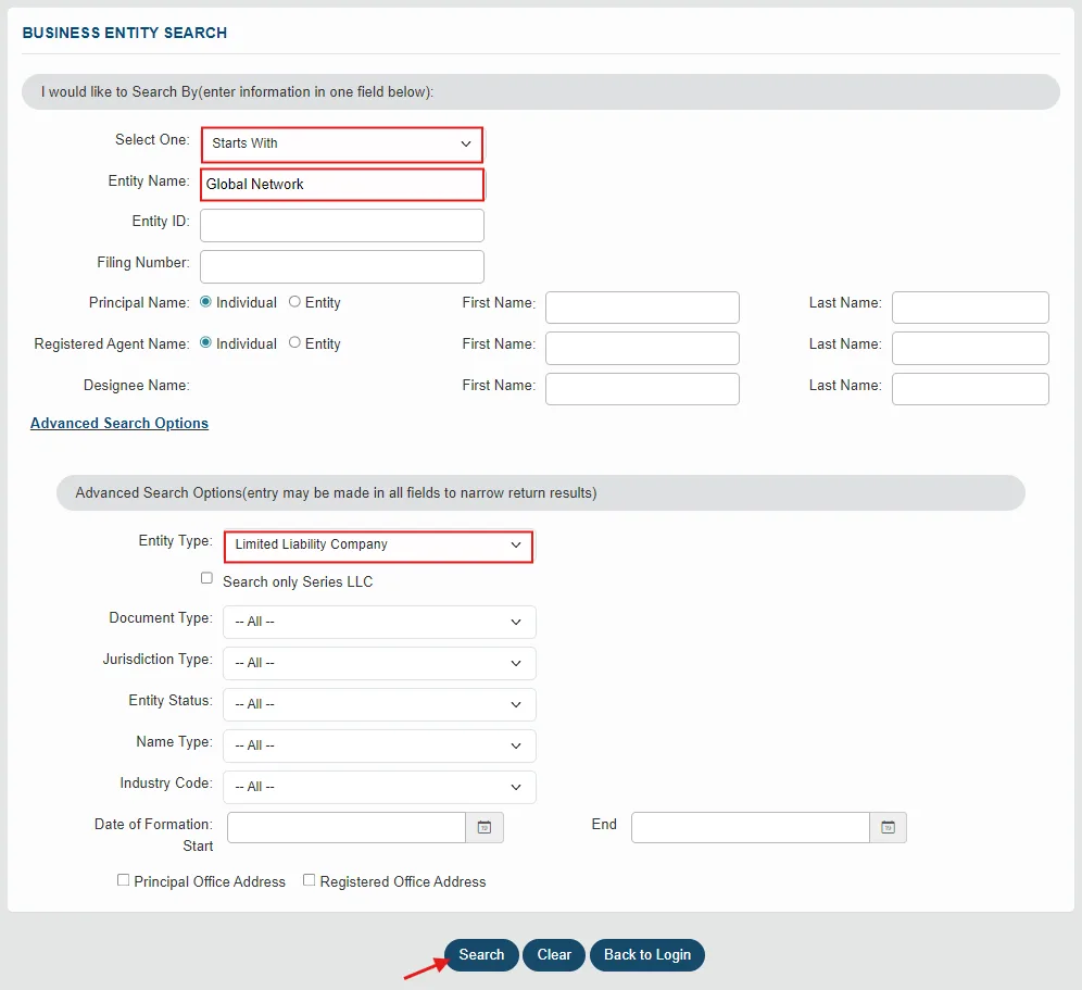 Virginia CIS Business Entity Search form with Starts With selected, Global Network entered as entity name and Limited Liability Company chosen as entity type
