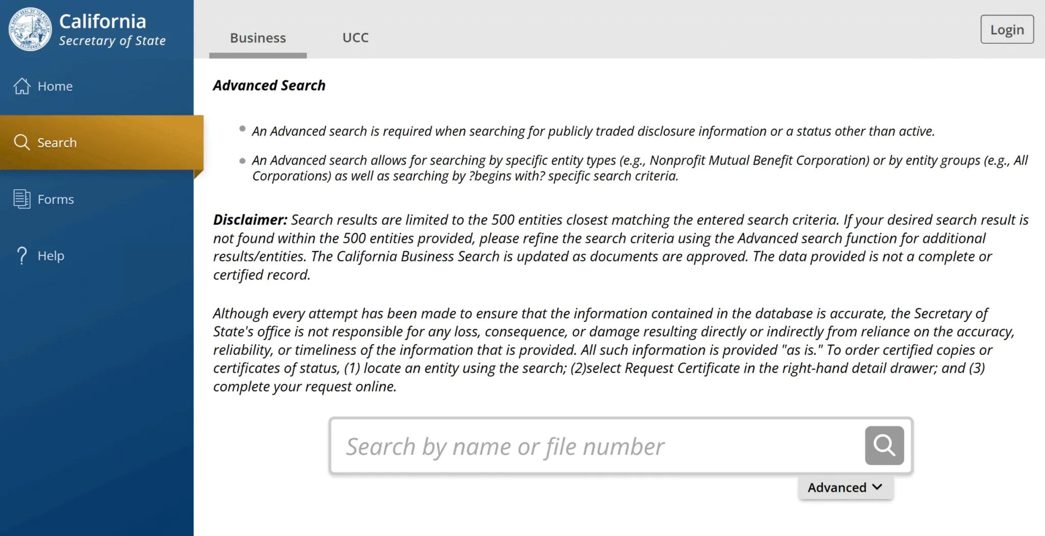 California business entity search page