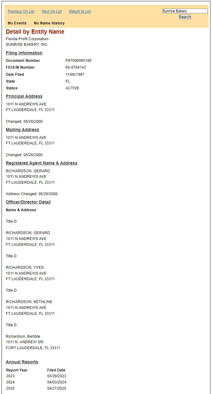 Sunbiz Detail by Entity Name page for Sunrise Bakery, Inc. showing document number, FEI/EIN number, active status, addresses, registered agent, directors and annual reports