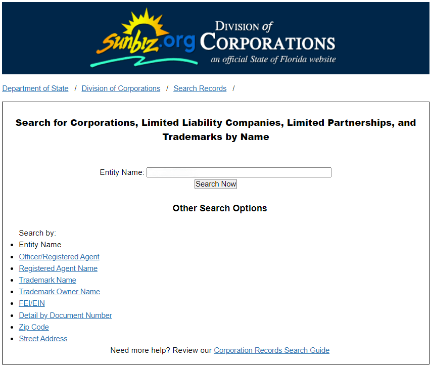 Florida business entity search portal