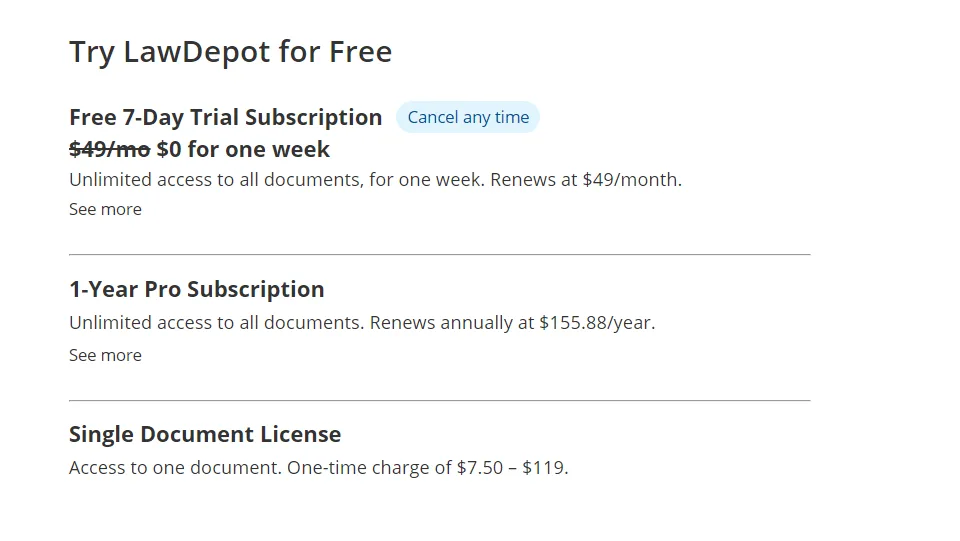 LawDepot pricing plans showing a free 7-day trial, a 1-year Pro subscription, and a single document license.