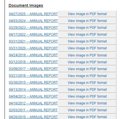 Sunbiz Document Images list of annual reports, each with a View image in PDF format button