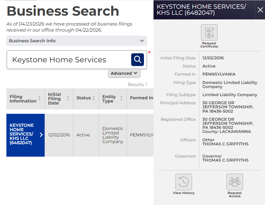 Pennsylvania Business Name Search: How to Find and Register Your Business Name 5 Pennsylvania business entity detail for Keystone Home Services KHS LLC