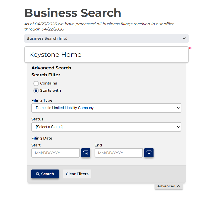 Pennsylvania Business Name Search: How to Find and Register Your Business Name 2 Pennsylvania business search broad keyword example