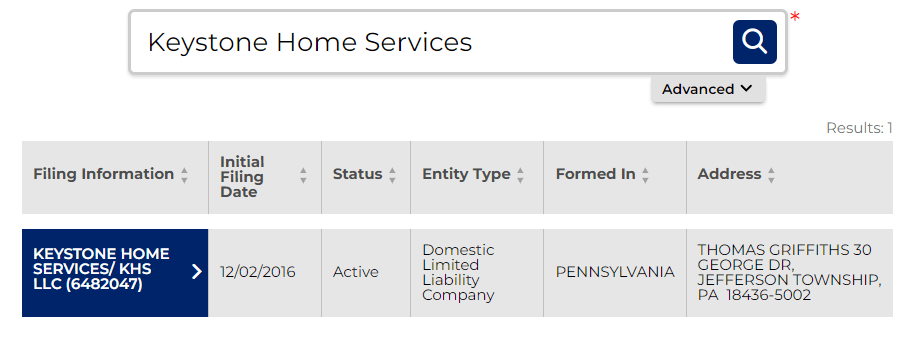 Pennsylvania Business Name Search: How to Find and Register Your Business Name 4 Pennsylvania business search narrow result for Keystone Home Services