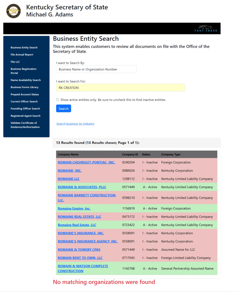 Kentucky Business Entity Search: Check Name and Status