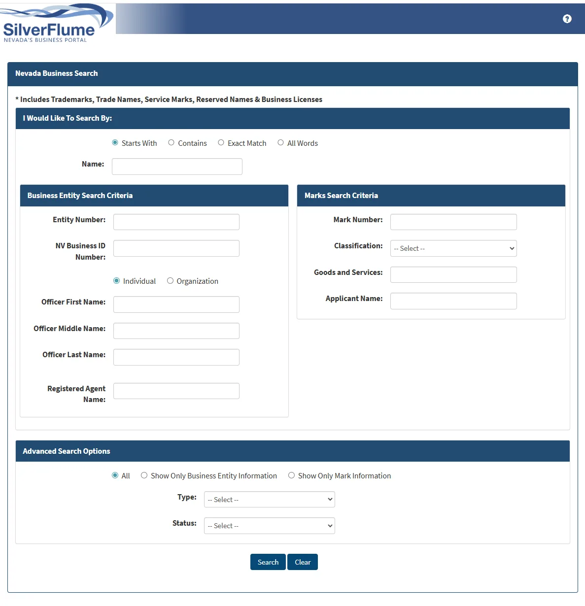 Nevada SilverFlume Business Portal entity search page