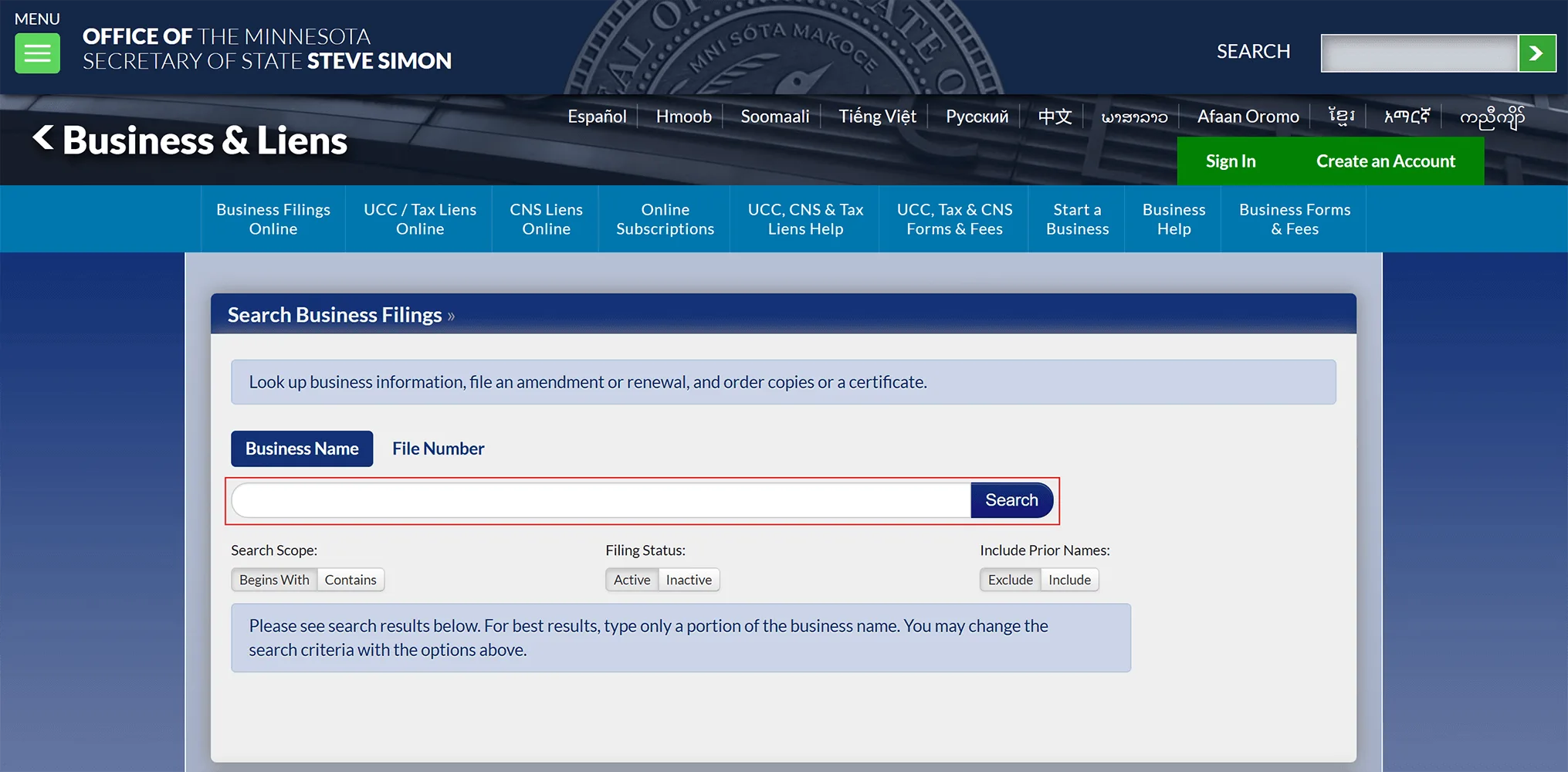 Minnesota Secretary of State business name search page