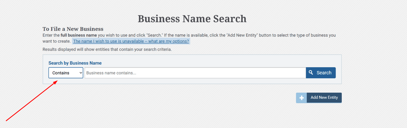South Carolina business search filter showing “Contains” option selected for broader LLC name results