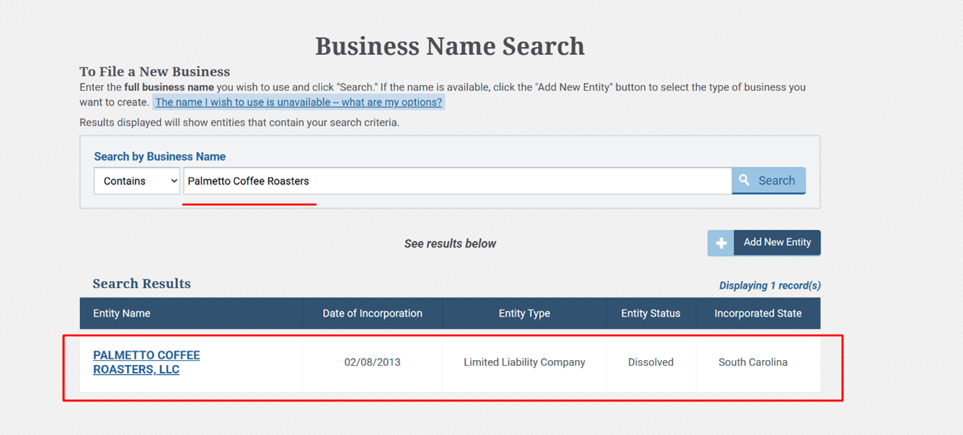 Example of entering a clean LLC name in South Carolina entity search without “LLC” or punctuation