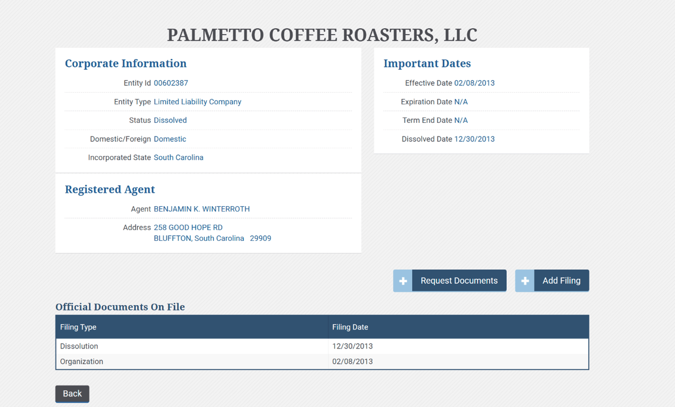 Sample results showing similar LLC names during South Carolina entity search