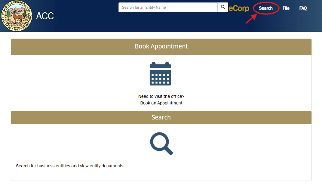 Arizona eCorp business entity search portal homepage with search menu highlighted