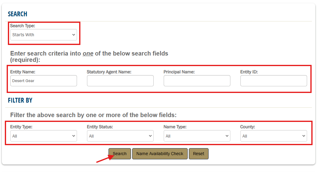 Arizona eCorp search criteria and filter options