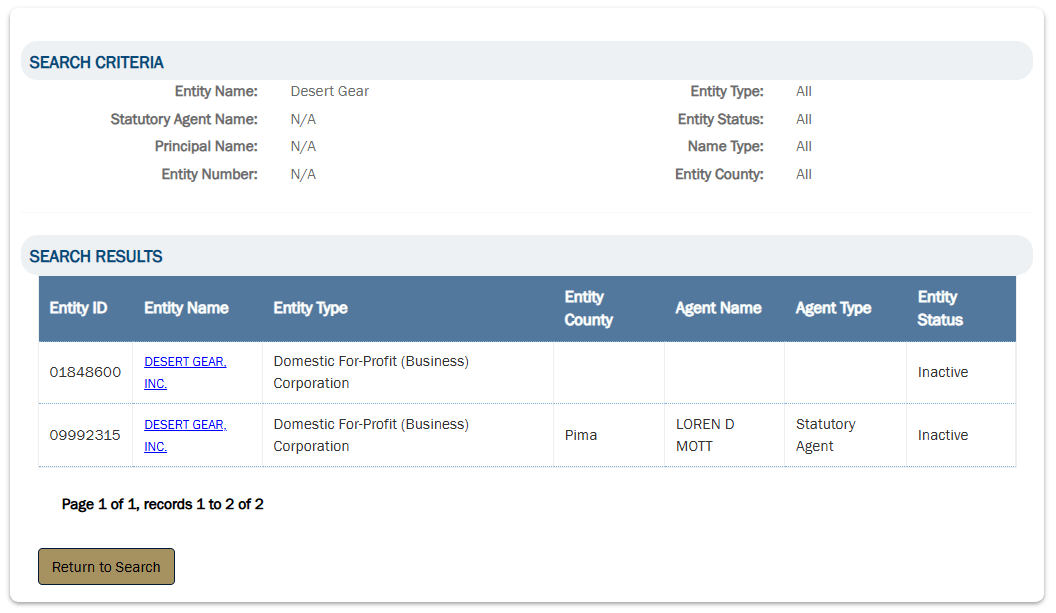Arizona eCorp business entity search results