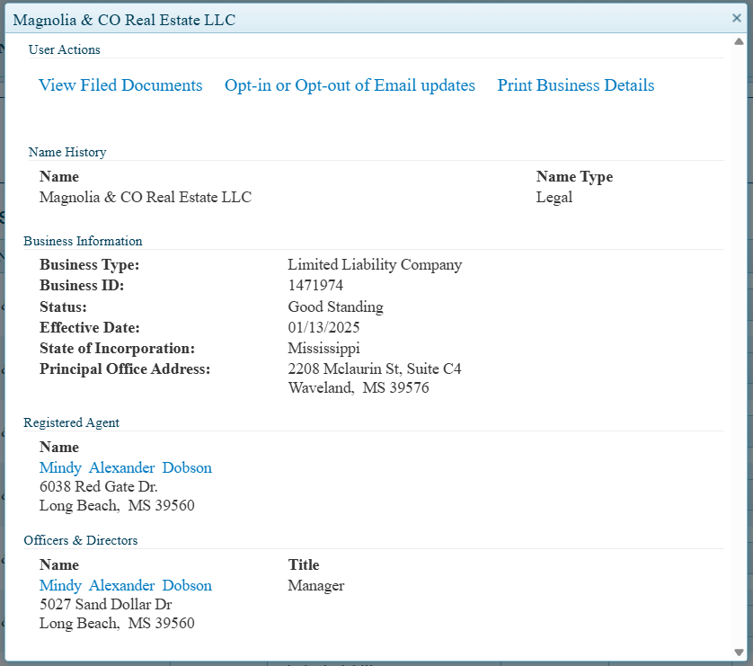 Mississippi business entity detail page showing registered agent info and filing documents