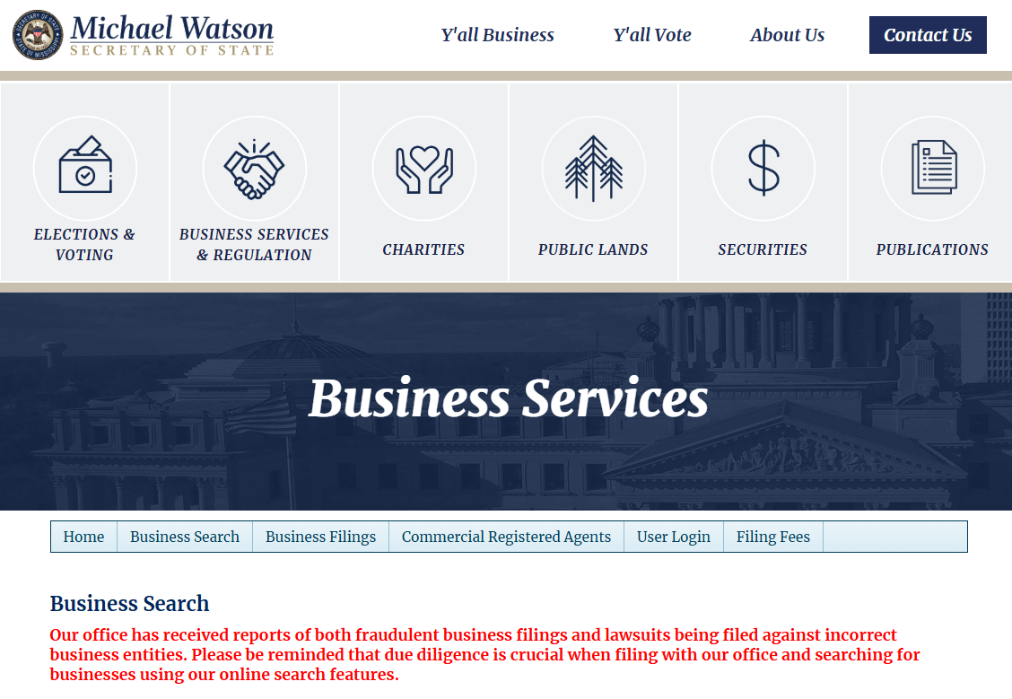 Mississippi Business Search dashboard for LLC lookup