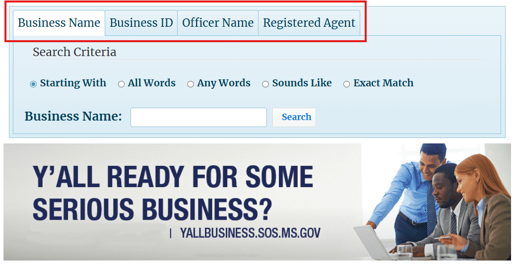 Mississippi Business Search filter tabs for Name, ID, Officer, and Agent lookup