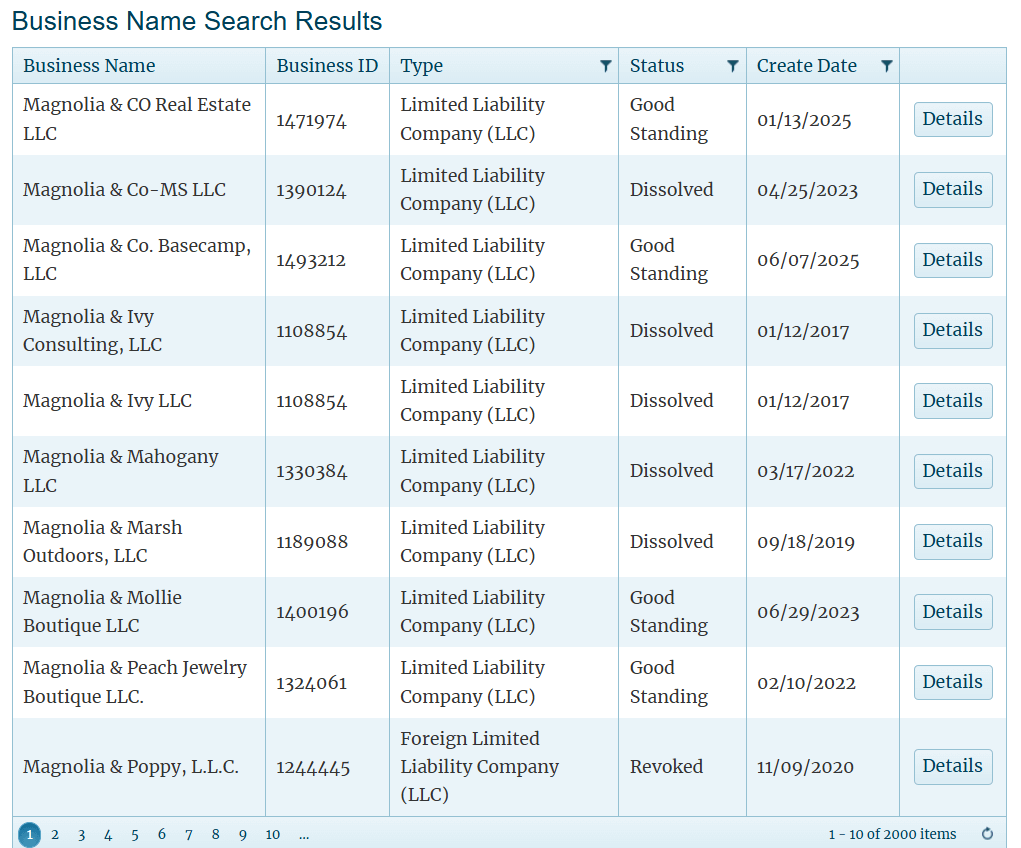 Mississippi business search results grid showing entity ID, status, and formation date