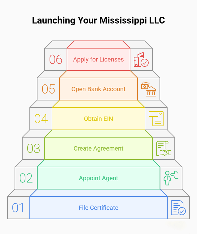 Step-by-step Mississippi LLC formation checklist from name search to legal launch
