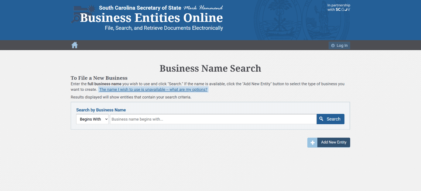 South Carolina Secretary of State Business Entity Search portal homepage showing filing and name check options