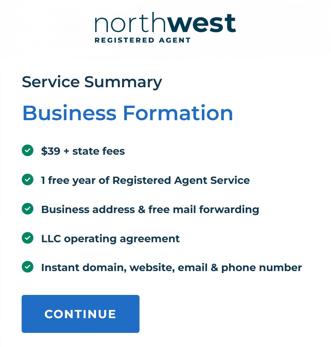 Northwest Registered Agent LLC formation service pricing