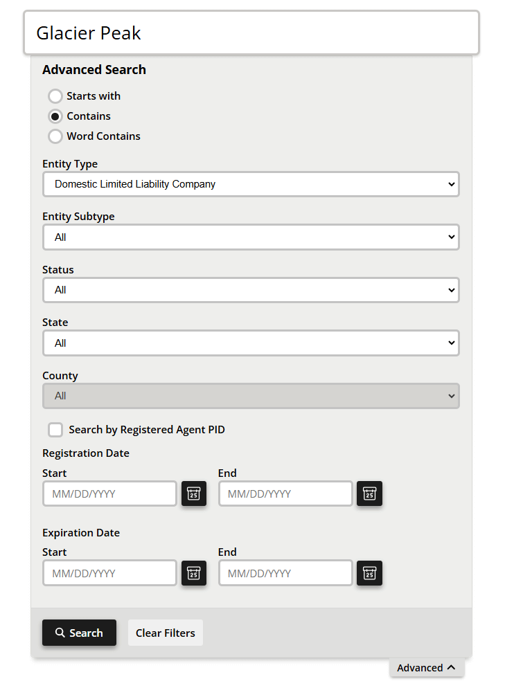 Advanced panel showing Contains, Starts with, and Active entities only filters