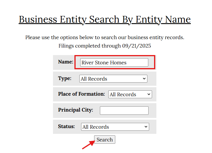 Entity Name form with “River Stone Homes” in the Name field highlighted.