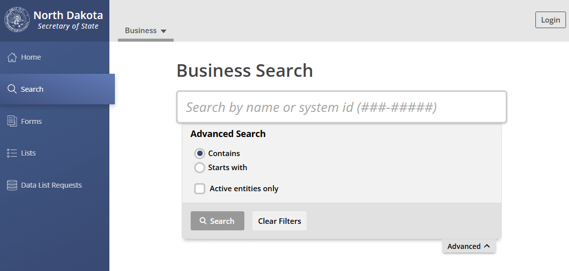 Advanced panel showing Contains, Starts with, and Active entities only filters