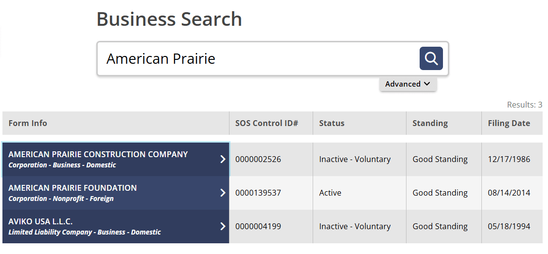 Example search typing into the FirstStop Business Search bar