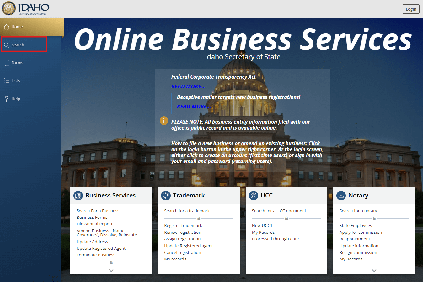 Idaho SOSBiz homepage portal