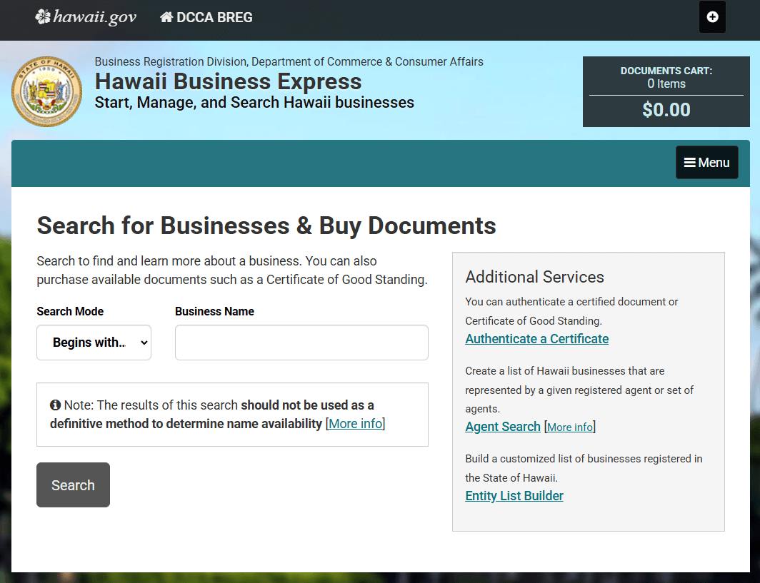 Hawaii Business Express “Search for Businesses & Buy Documents” page