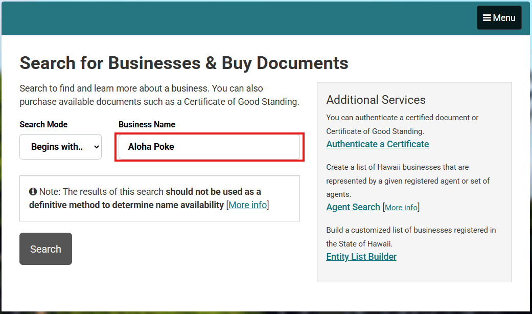 Search form, “Aloha Poke” typed in the Business Name field on Hawaii Business Express