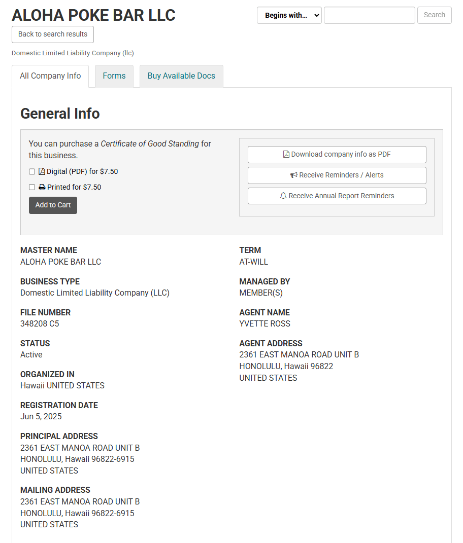 Example of detail Entity profile page, showing status, file number, etc