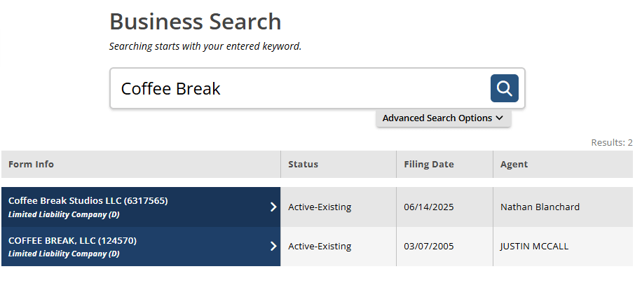 Idaho SOSBiz homepage portal