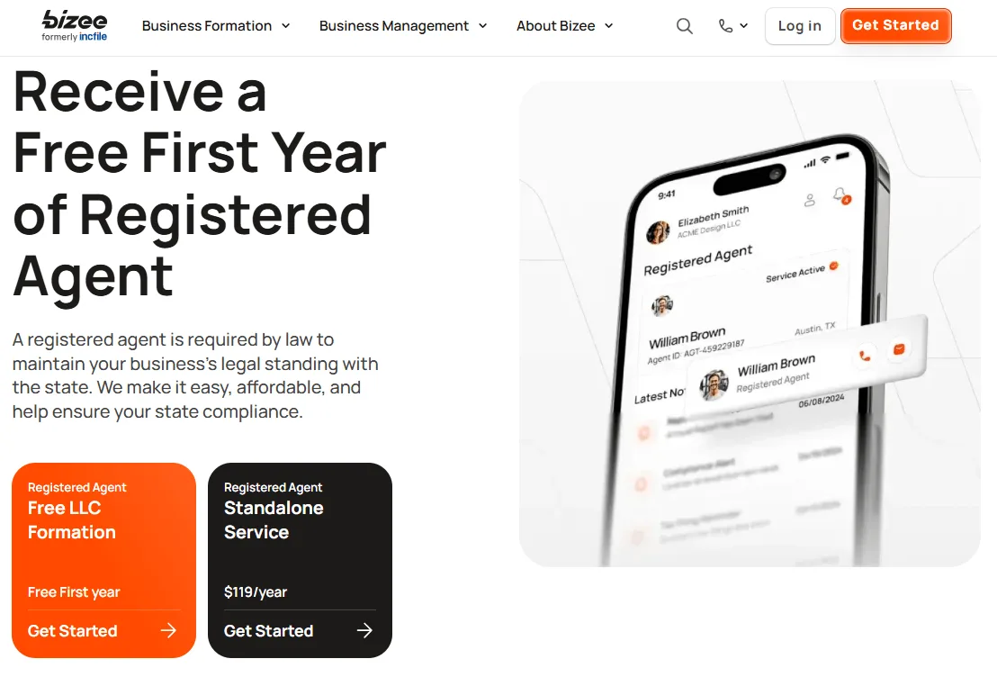 Bizee Registered Agent Service pricing