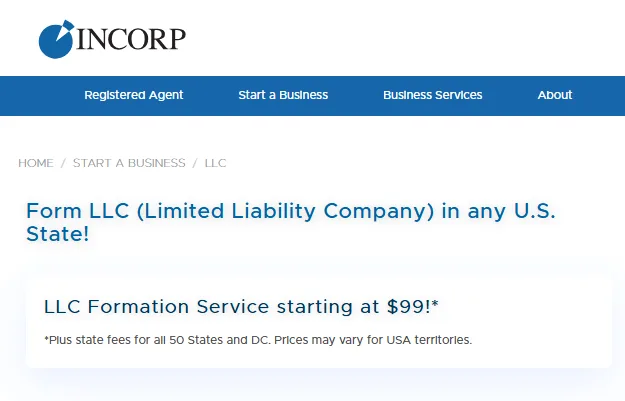Incorp LLC formation service pricing